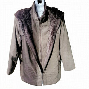 ALIA Khaki Green Hooded Fur Double Zipper Winter Jacket Size L